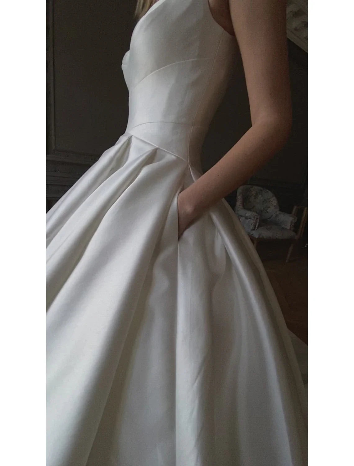 Ball Gown Square Neck Satin Sleeveless Train Wedding Gown - Chloe Dress