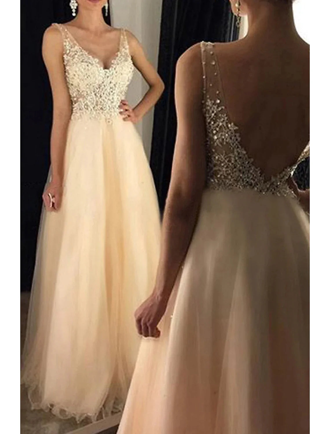 A-Line V-Neck Tulle Sleeveless Applique Floor-Length Prom Dress - Chloe Dress