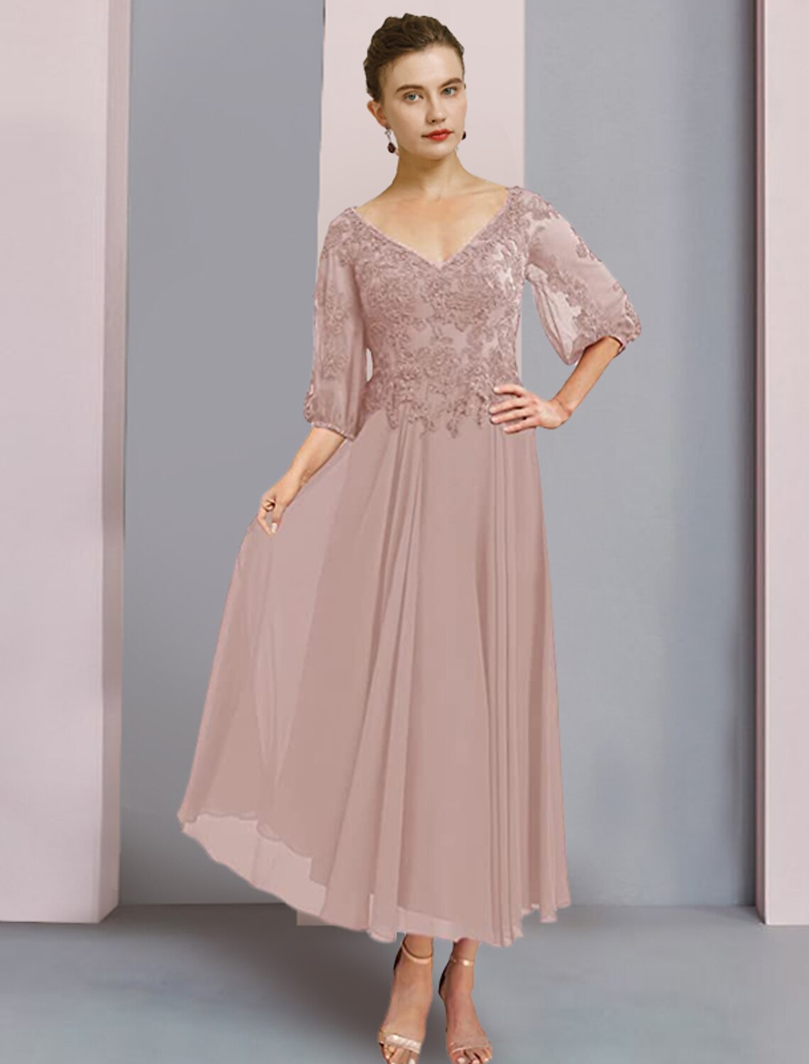 A-Line V-Neck Chiffon Three-Quarter Sleeve Pleated Tea-Length Wedding Dress - Chloe Dress
