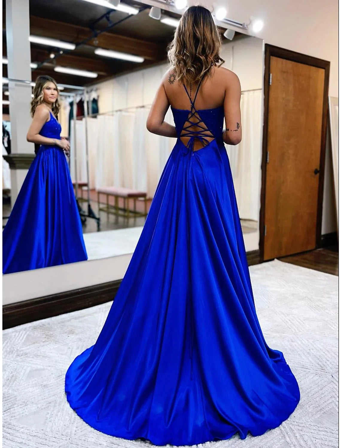 A-Line V-Neck Satin Sleeveless Backless Train Prom Dress - Chloe Dress
