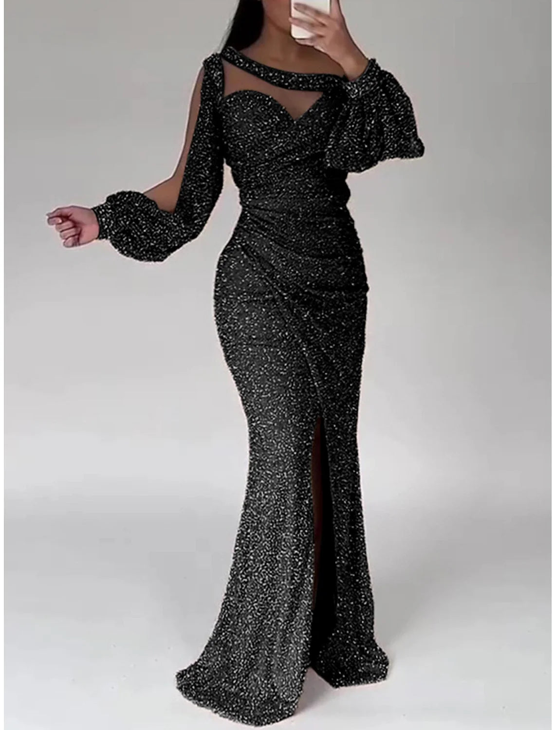 Champagne Mermaid Sequin Long Sleeve High Slit Floor-Length Evening Gown - Chloe Dress