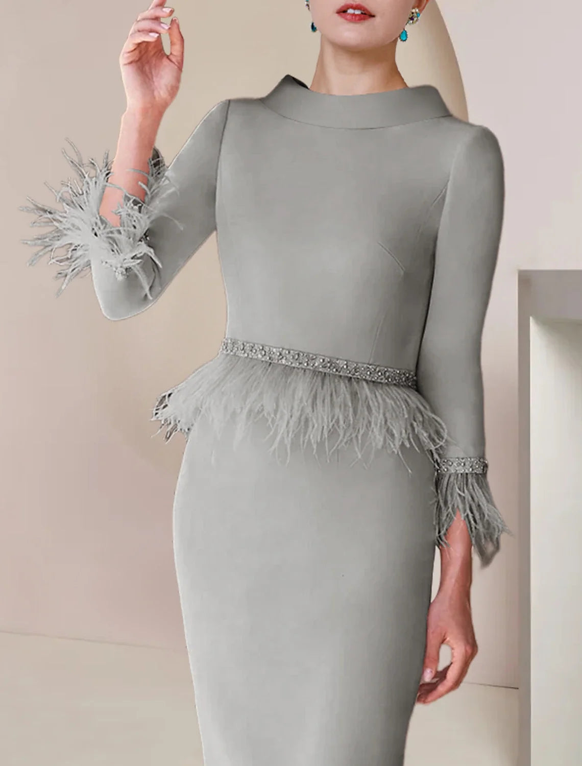 Sheath Satin Three-Quarter Sleeve Tea-Length Wedding Dress - Chloe Dress