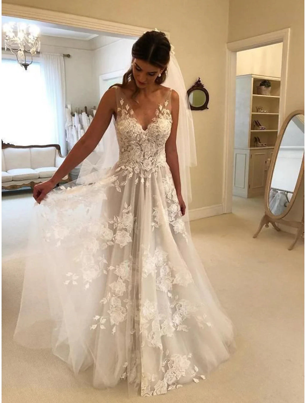A-Line V-Neck Lace Sleeveless Train Wedding Gown - Chloe Dress