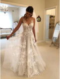 A-Line V-Neck Lace Sleeveless Train Wedding Gown - Chloe Dress