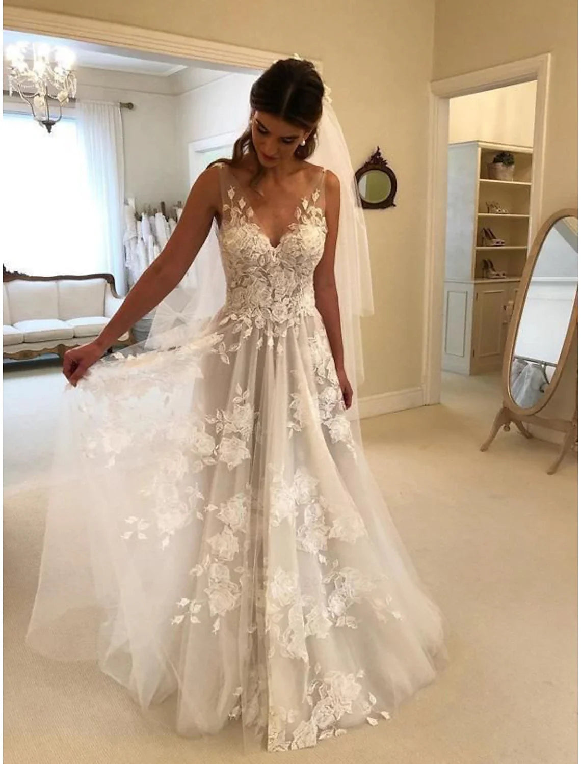 A-Line V-Neck Lace Sleeveless Train Wedding Gown - Chloe Dress