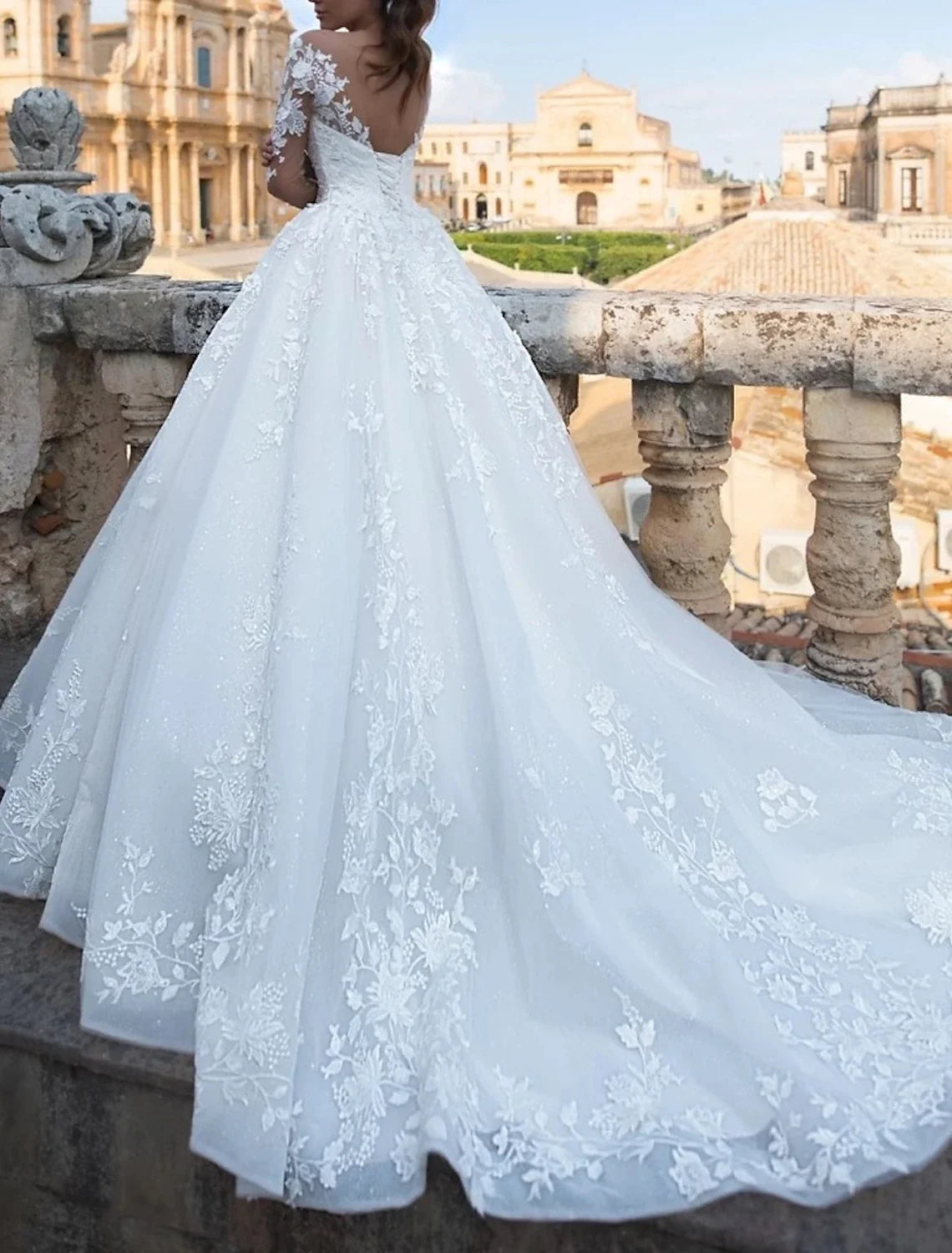 Ball Gown V-Neck Lace Long Sleeve Train Wedding Gown - Chloe Dress