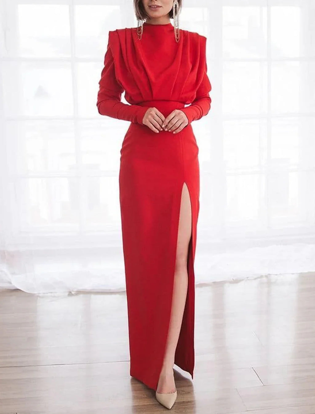 Green Sheath High Neck Long Sleeve High Slit Floor-Length Evening Gown - Chloe Dress
