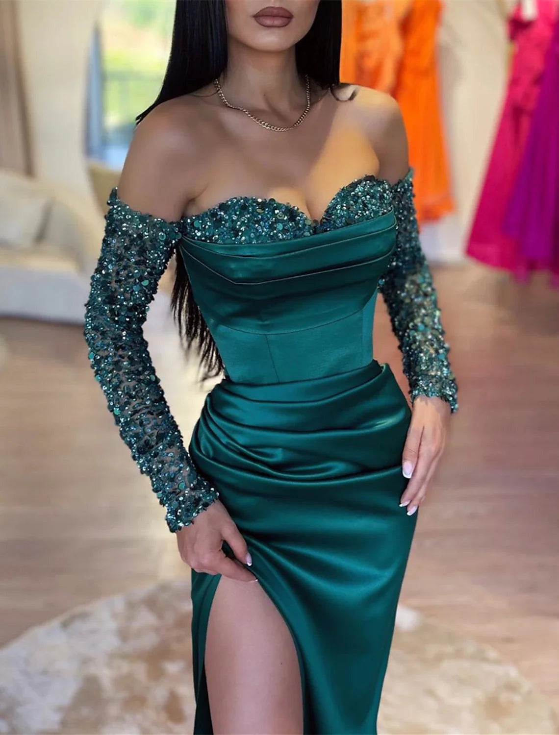 Green Mermaid Off-Shoulder Sequin Long Sleeve High Slit Evening Gown - Chloe Dress