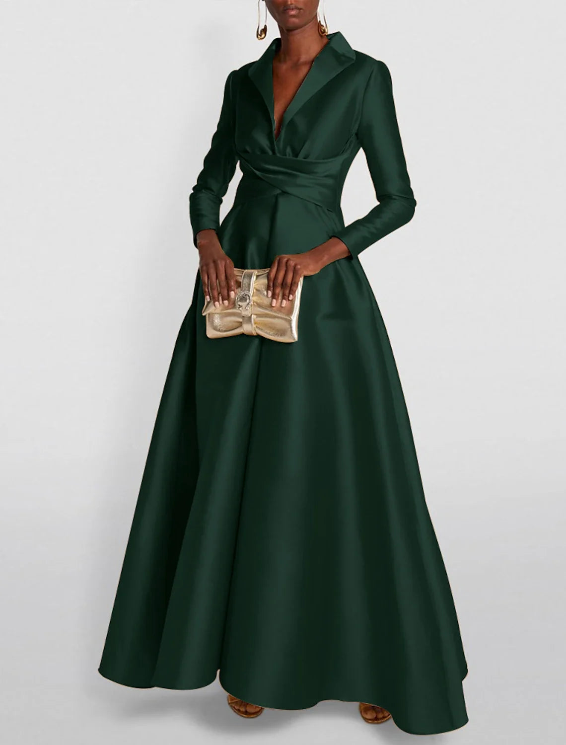 Green A-Line Satin Long Sleeve Floor-Length Evening Gown - Chloe Dress