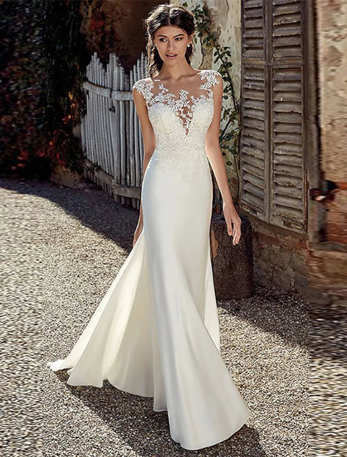 Mermaid Illusion Chiffon Cap Sleeve Open Back Train Wedding Gown - Chloe Dress