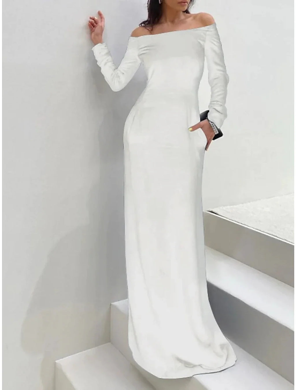 Black Sheath Off-Shoulder Velvet Long Sleeve Floor-Length Wedding Dress - Chloe Dress