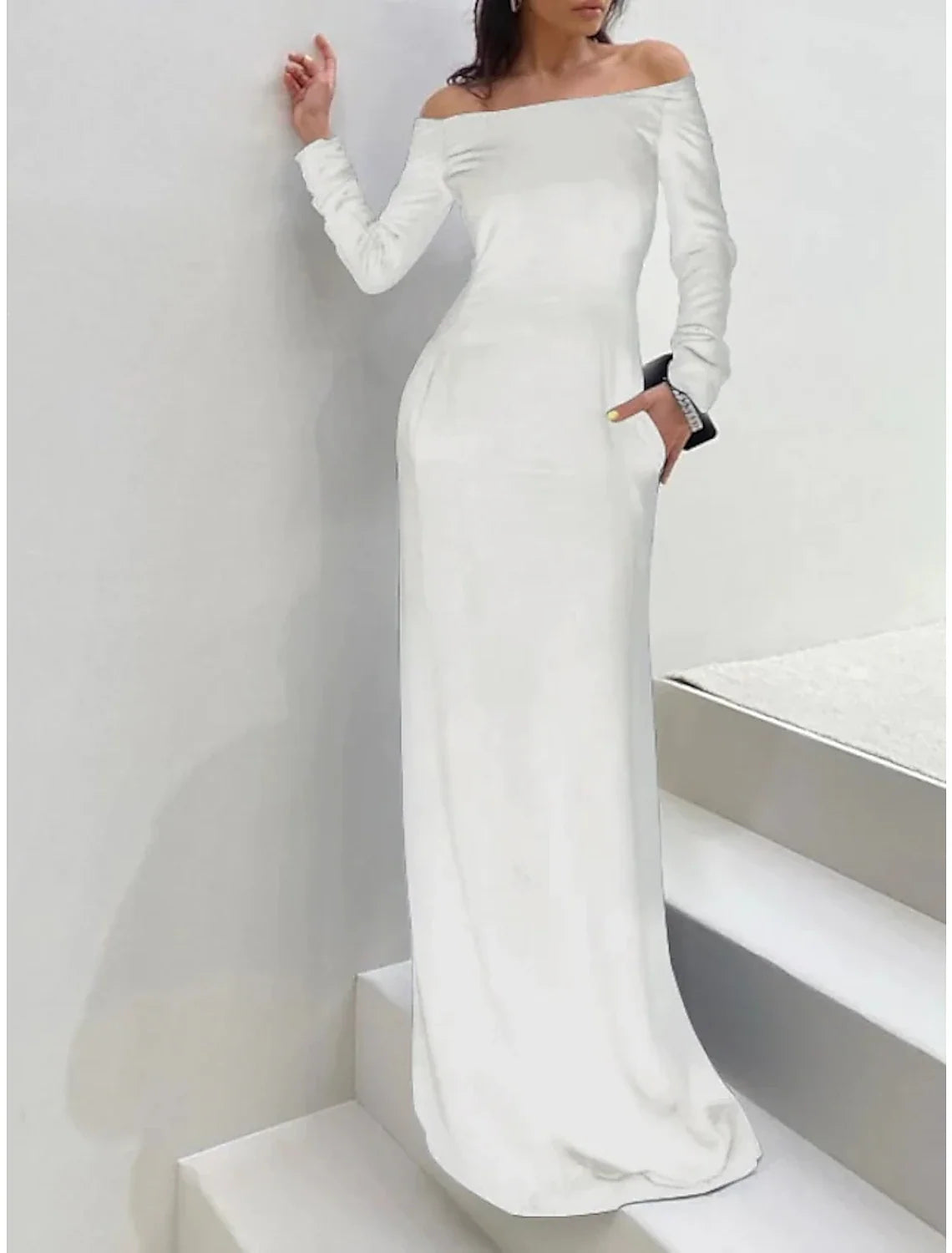 Black Sheath Off-Shoulder Velvet Long Sleeve Floor-Length Wedding Dress - Chloe Dress