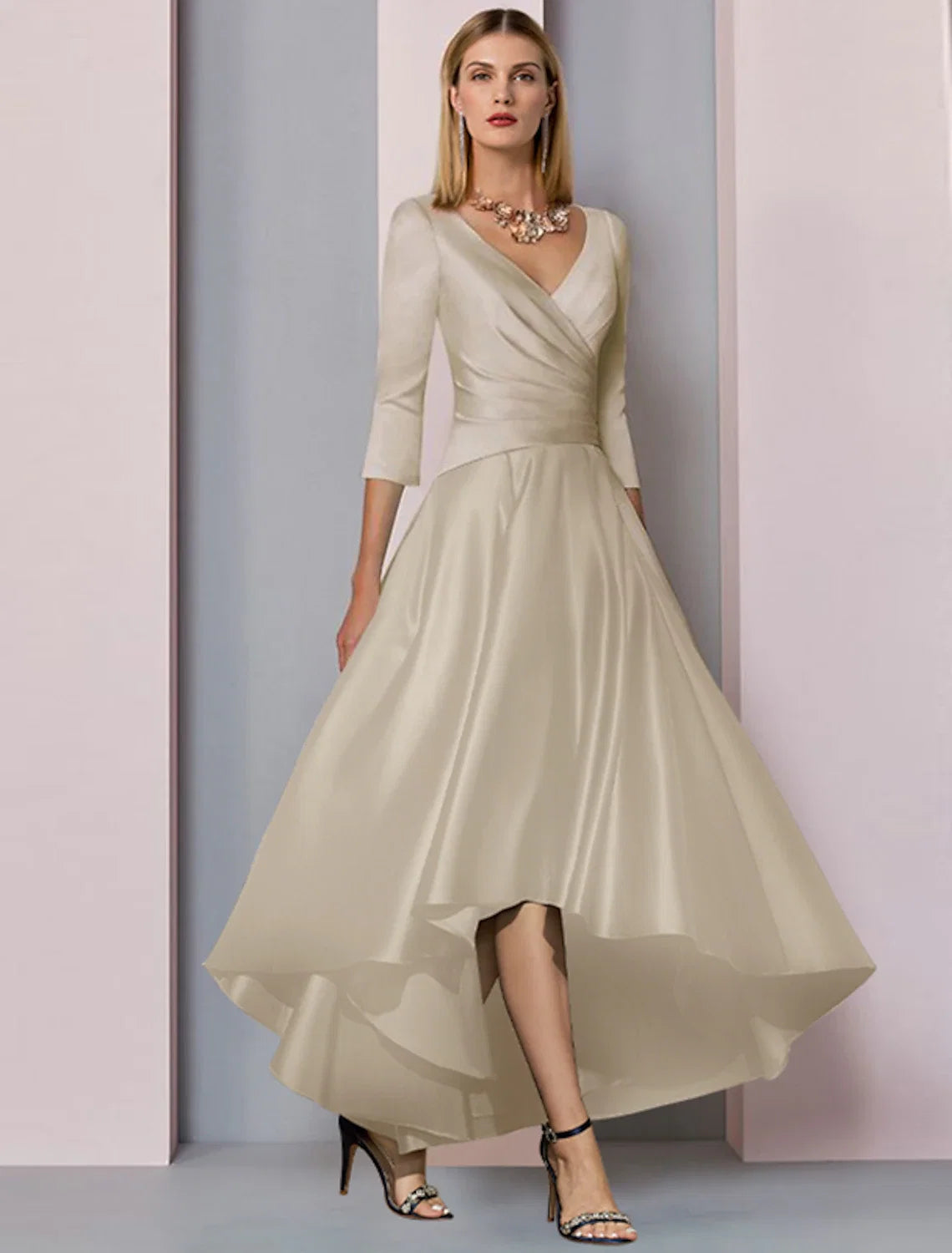 A-Line V-Neck Satin Pleated Ankle-Length Wedding Dress - Chloe Dress