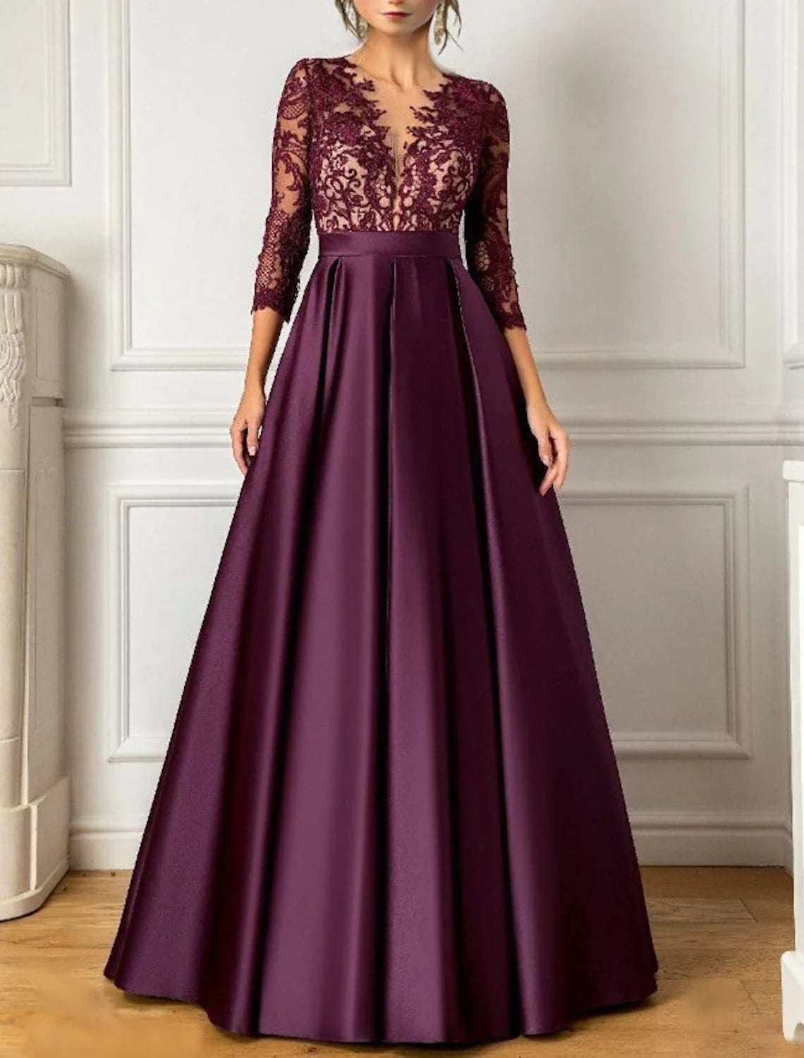 A-Line V-Neck Satin Three-Quarter Sleeve Pleated Floor-Length Evening Gown - Chloe Dress