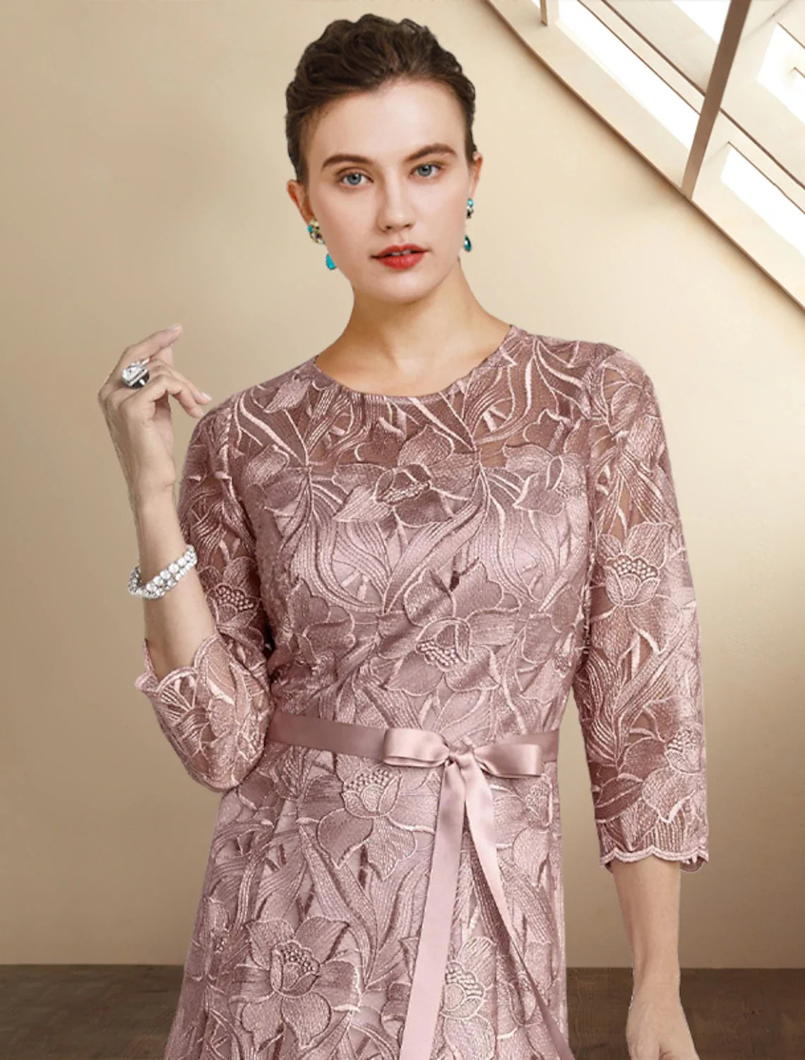 A-Line Lace Three-Quarter Sleeve Applique Tea-Length Dress - Chloe Dress