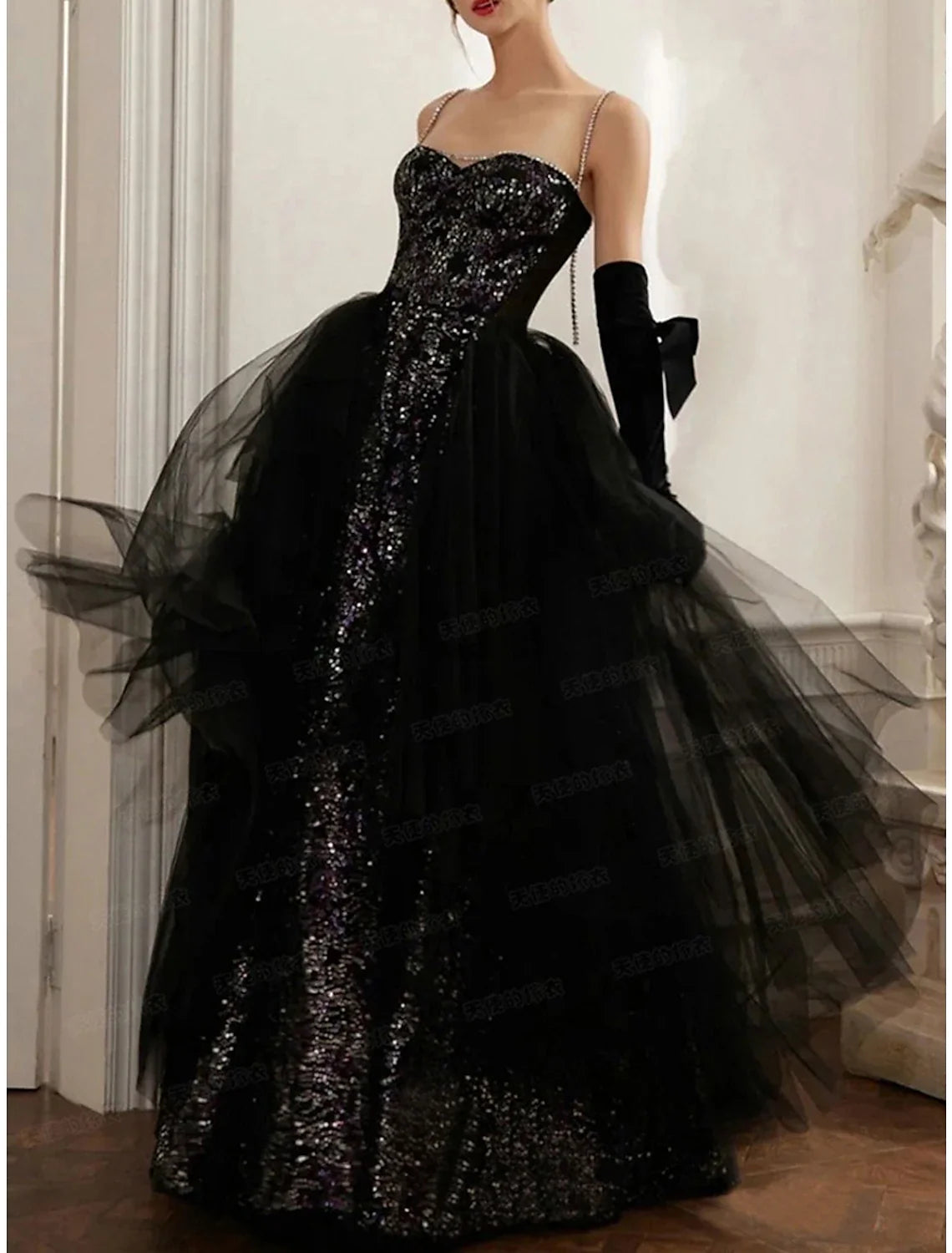 Black A-Line Strapless Sequin Sleeveless Floor-Length Evening Gown - Chloe Dress
