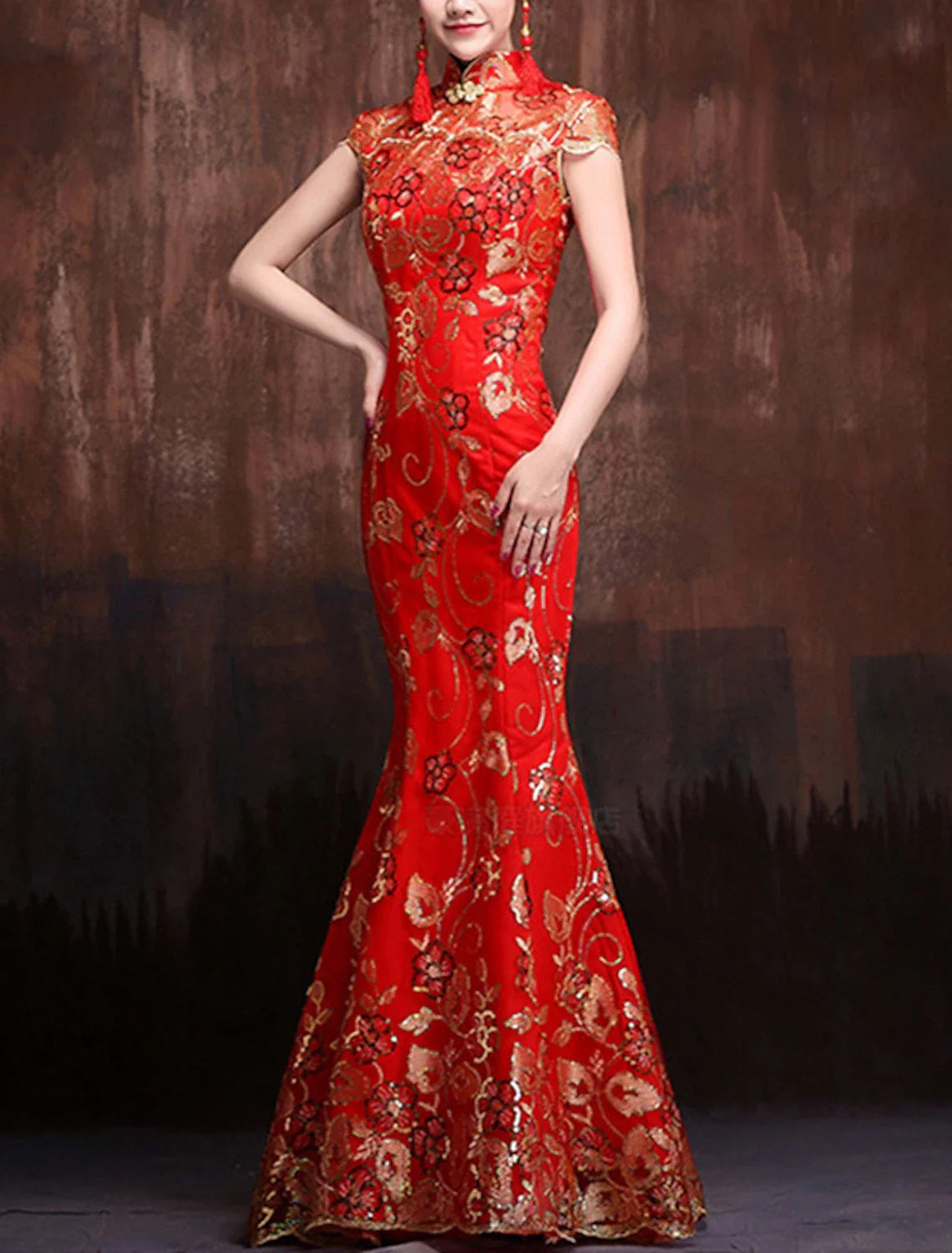 Mermaid High Neck Satin Short Sleeve Floor-Length Evening Gown - Chloe Dress