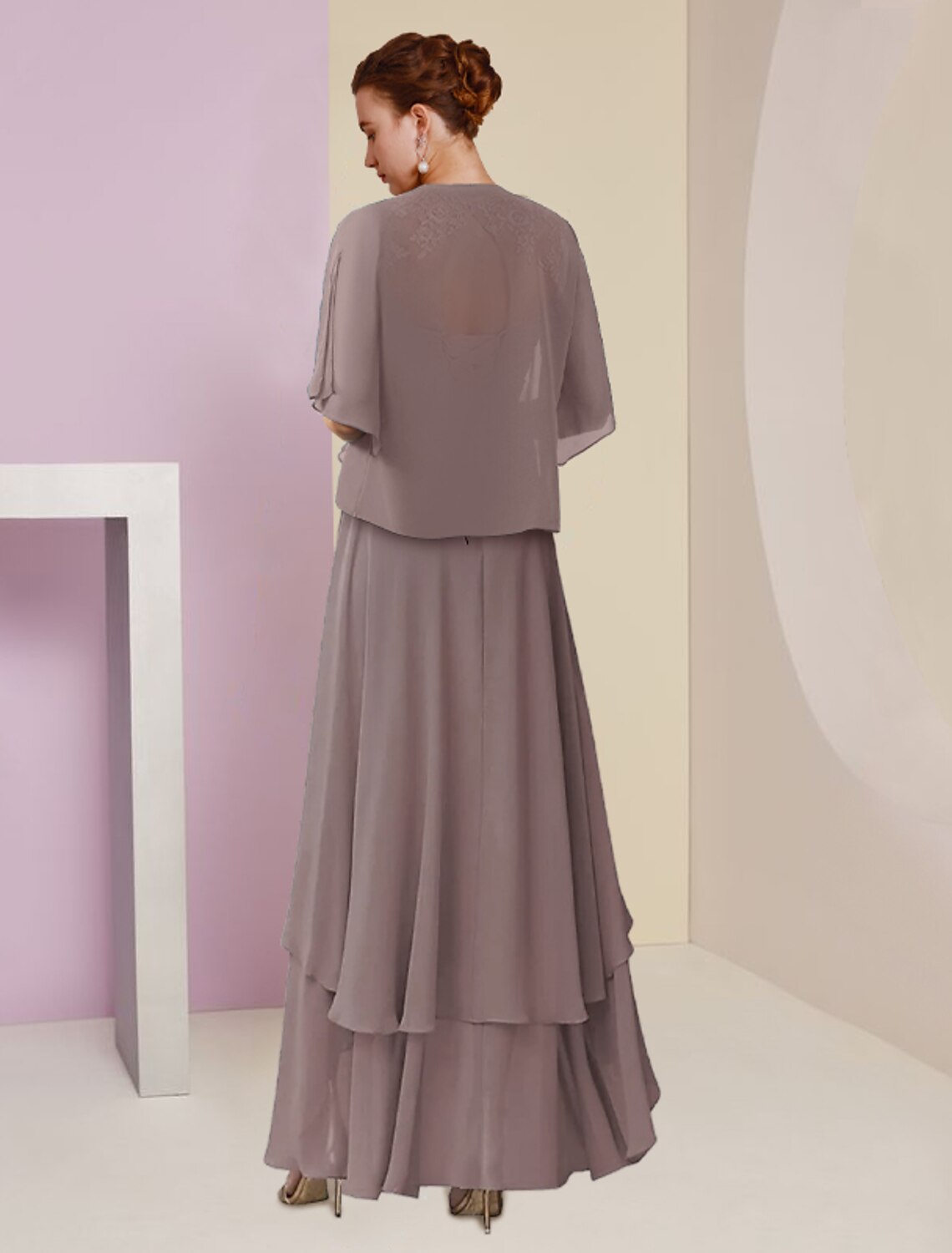 A-Line Square Neck Chiffon Three-Quarter Sleeve Wrap Tea-Length Wedding Dress - Chloe Dress