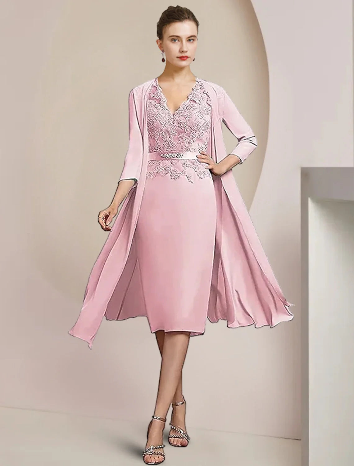 Sheath V-Neck Chiffon Sleeveless Applique Knee-Length Wedding Dress - Chloe Dress