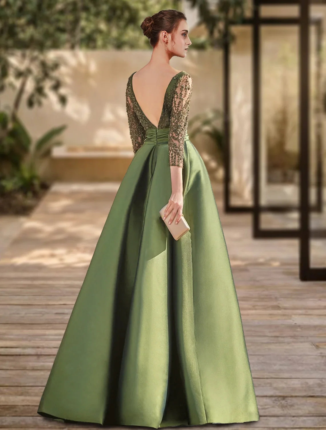 A-Line Lace Three-Quarter Sleeve Open Back High Slit Floor-Length Evening Gown - Chloe Dress