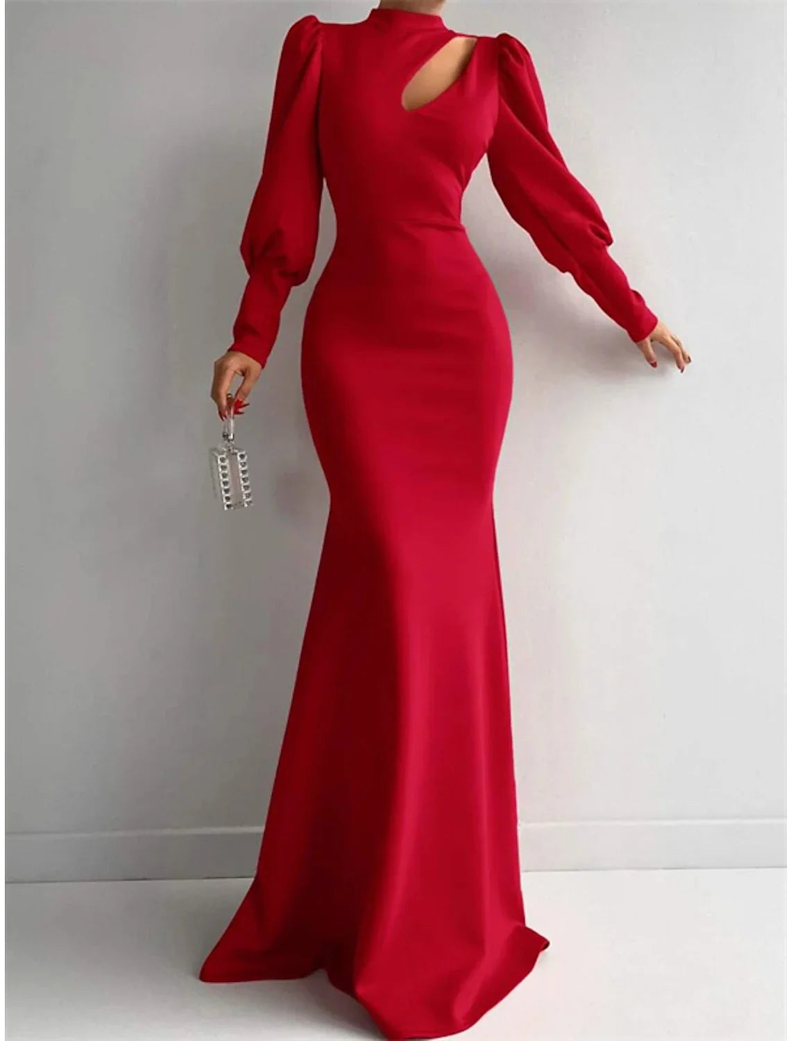 Green Mermaid High Neck Satin Long Sleeve Train Evening Gown - Chloe Dress