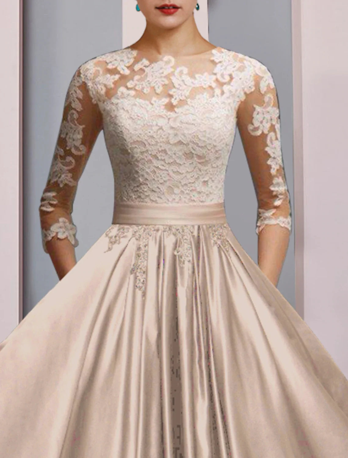 A-Line Satin Three-Quarter Sleeve Pleated Ankle-Length Wedding Dress - Chloe Dress