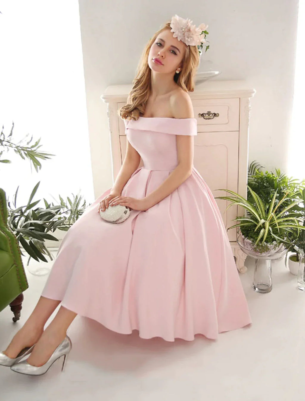 A-Line Off-Shoulder Sleeveless Pleated Tea-Length Cocktail Dress - Chloe Dress