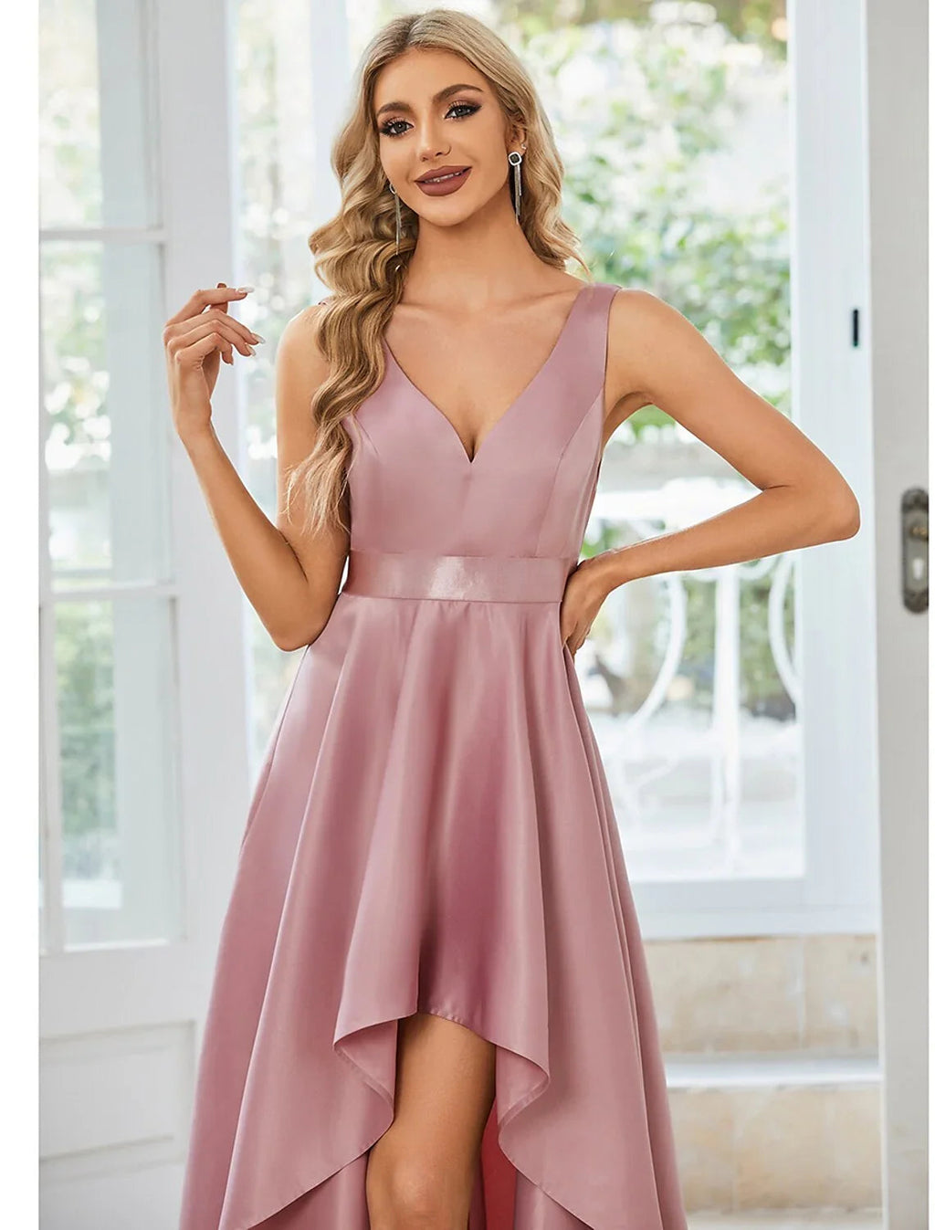 A-Line V-Neck Satin Sleeveless Ruffled Wedding Dress - Chloe Dress