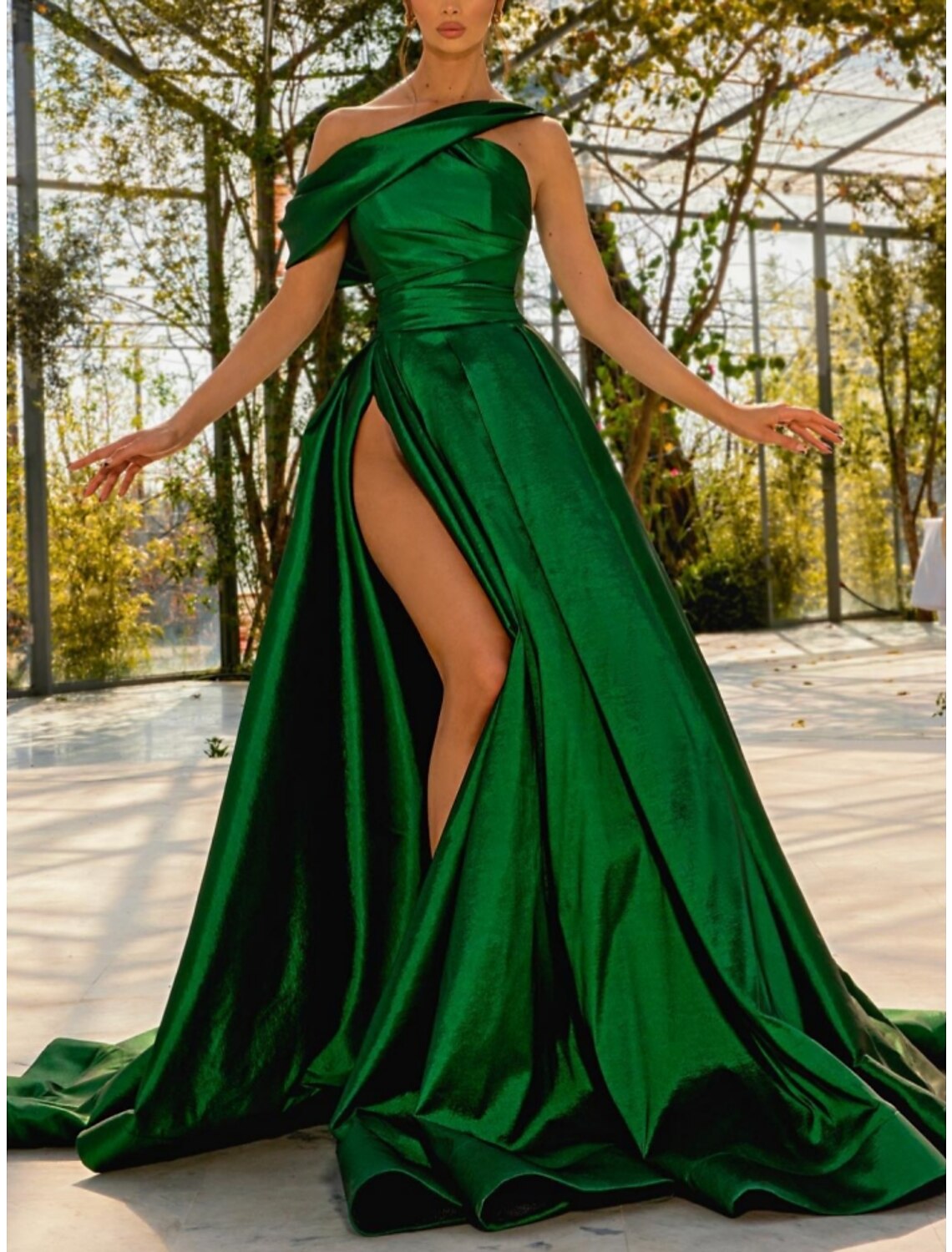 Green A-Line One-Shoulder Satin Sleeveless High Slit Evening Gown - Chloe Dress