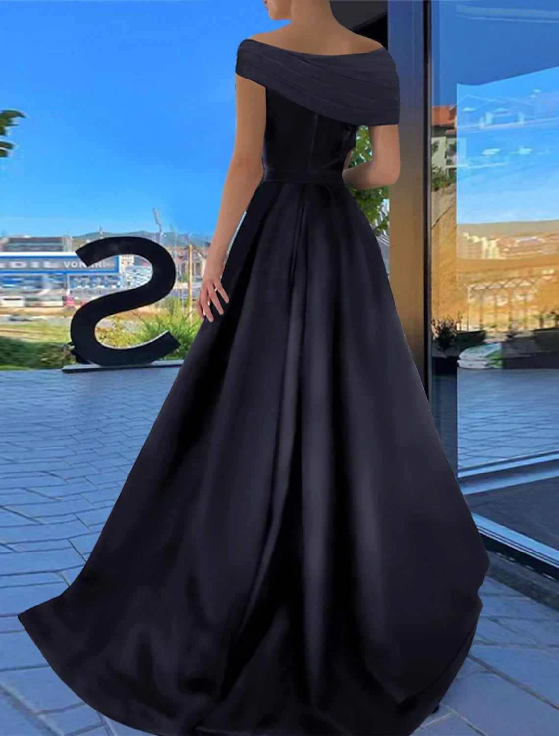 Black A-Line Off-Shoulder Satin Short Sleeve High Slit Floor-Length Prom Dress - Chloe Dress