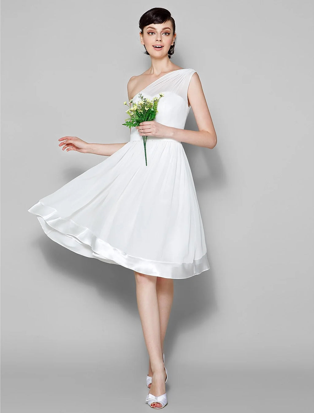 White One‑Shoulder Satin Trim Knee‑Length Chiffon Bridesmaid Dresses