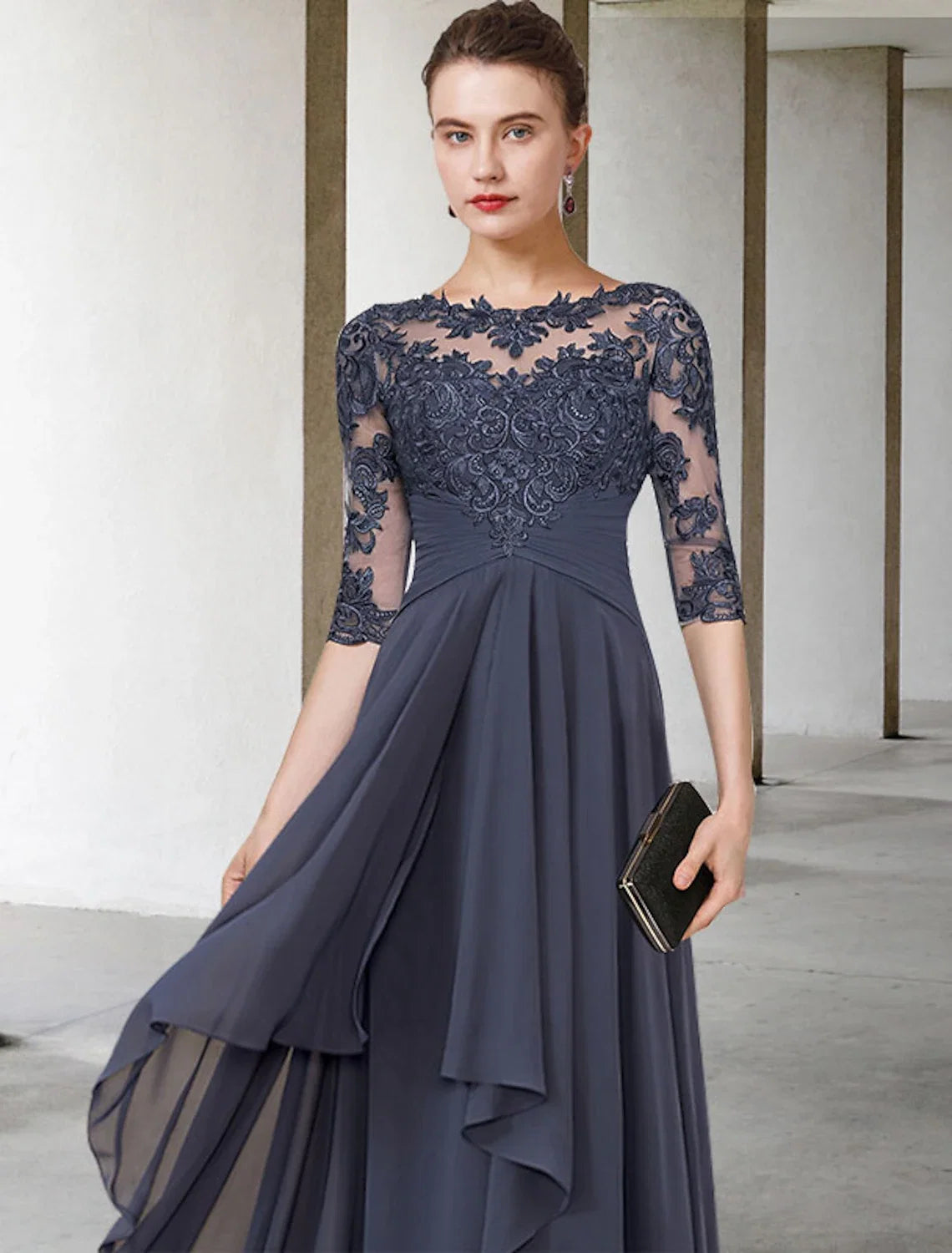 A-Line Chiffon Three-Quarter Sleeve Pleated Floor-Length Dress - Chloe Dress