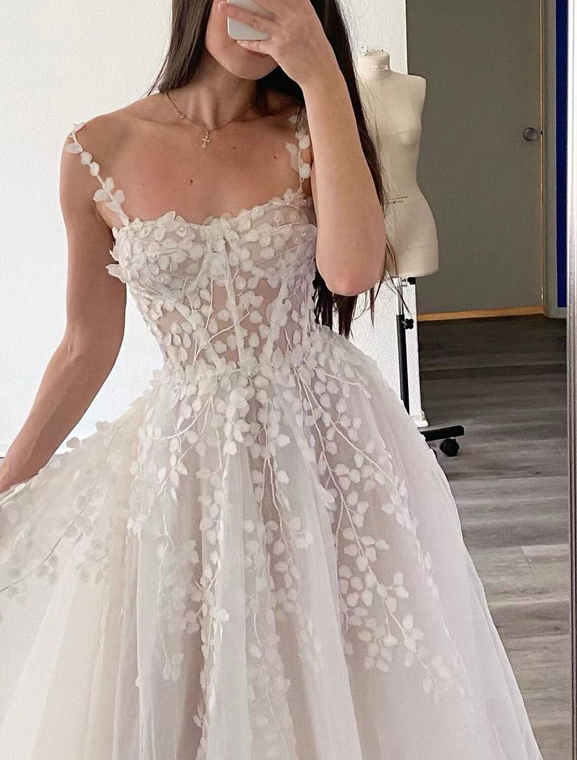 A-Line Square Neck Chiffon Sleeveless Train Wedding Gown - Chloe Dress
