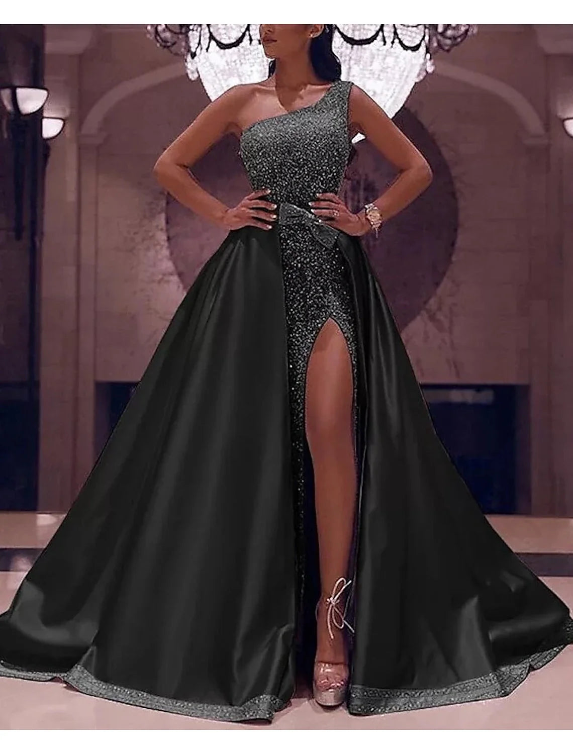 Ball Gown One-Shoulder Satin Sleeveless High Slit Floor-Length Evening Gown - Chloe Dress