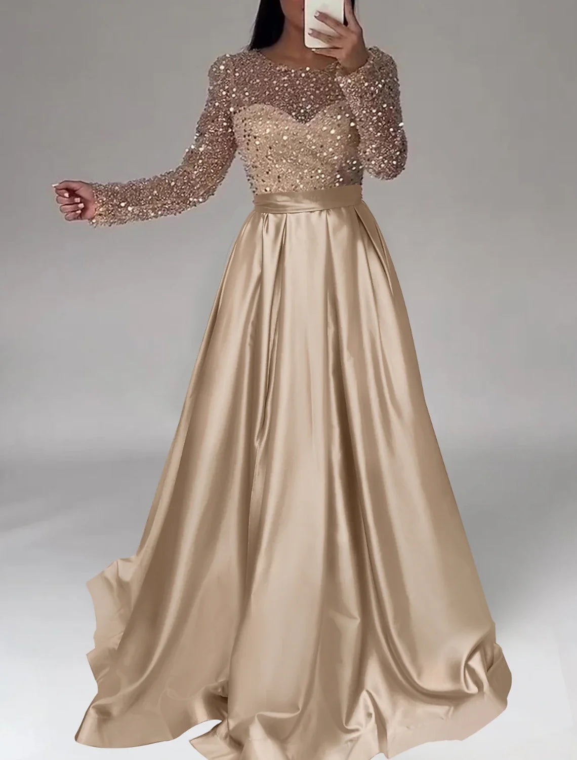 Black A-Line Satin Long Sleeve Floor-Length Evening Gown - Chloe Dress