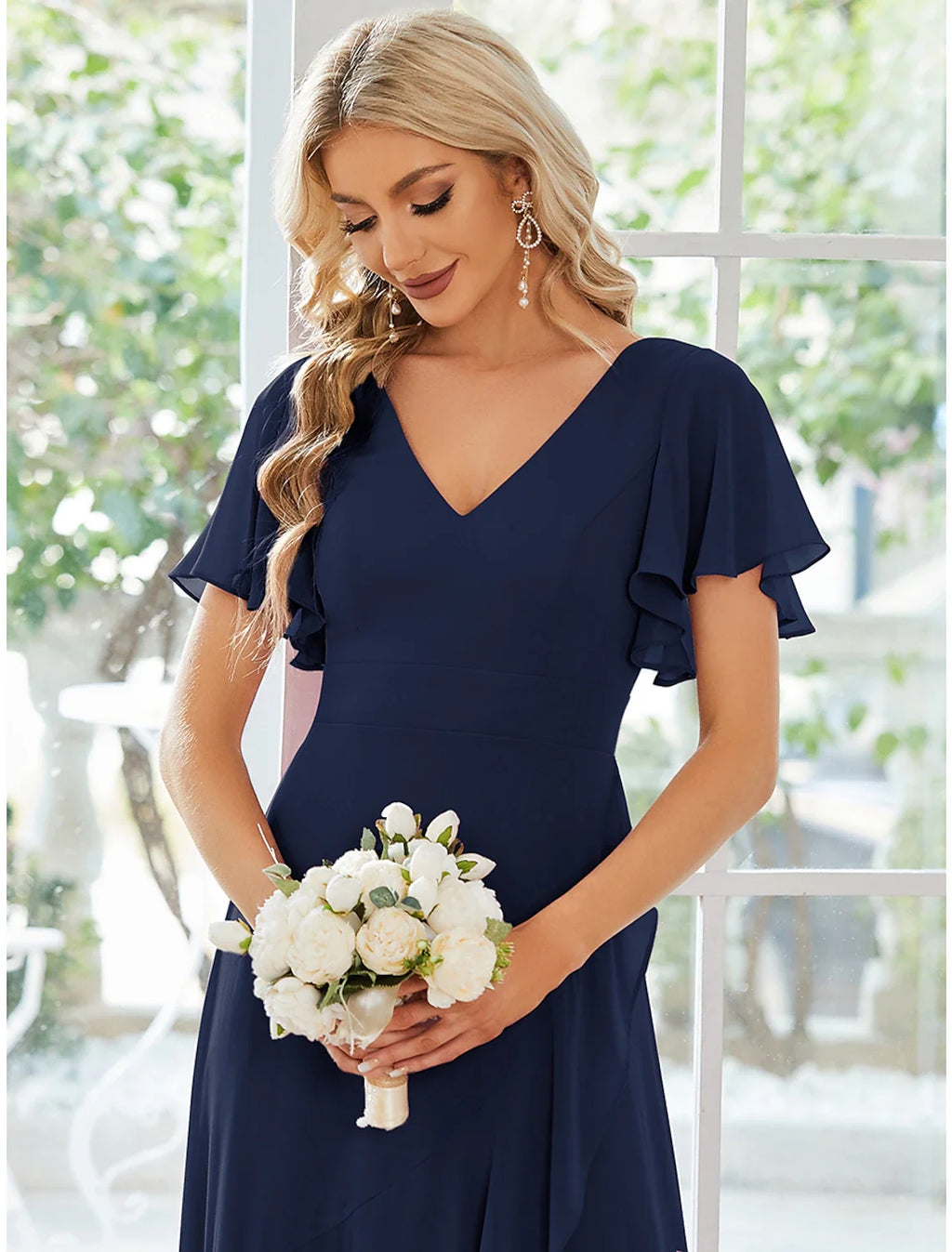 A-Line V-Neck Chiffon Short Sleeve Ruffled Mini Wedding Dress - Chloe Dress