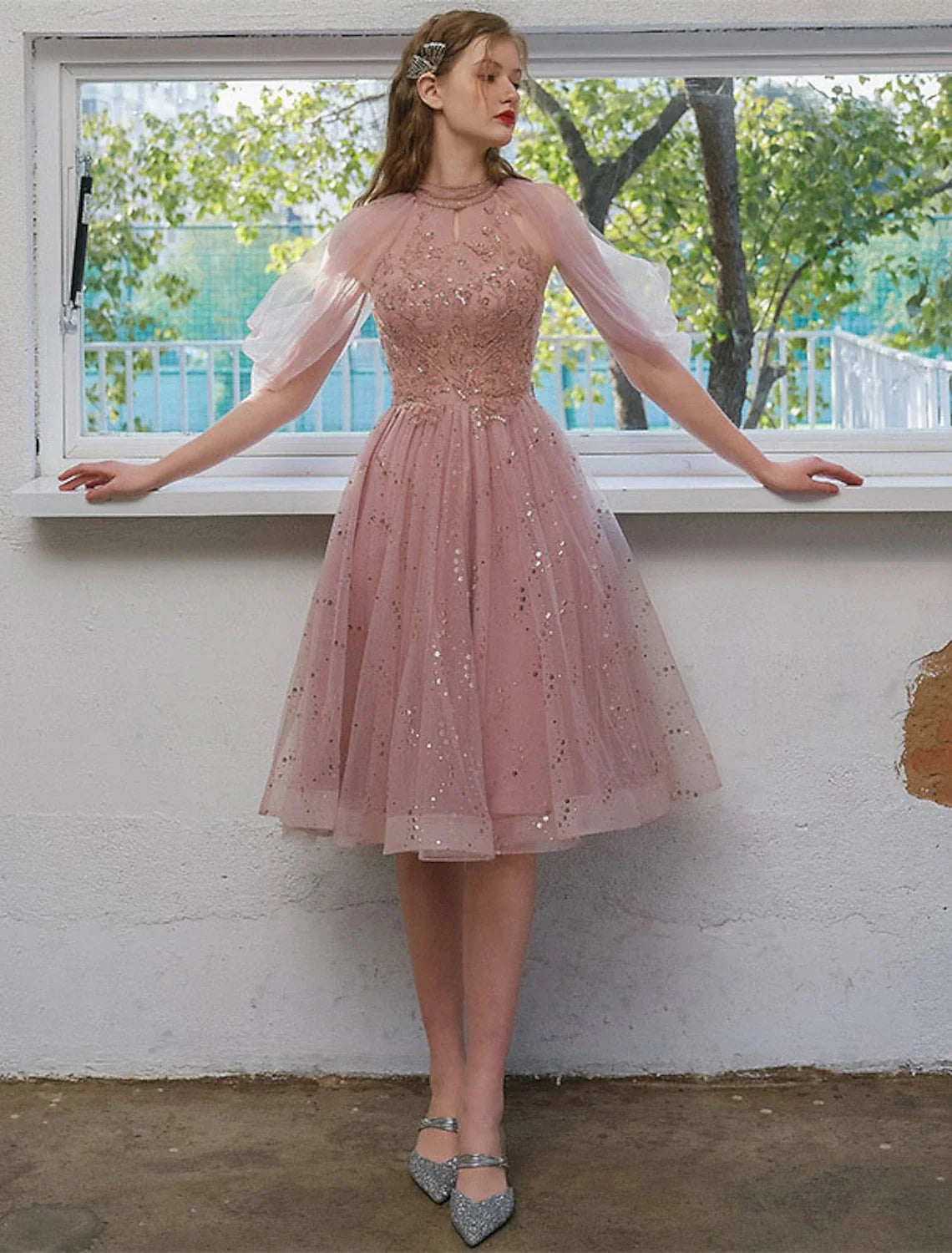 A-Line Tulle Three-Quarter Sleeve Applique Knee-Length Cocktail Dress - Chloe Dress