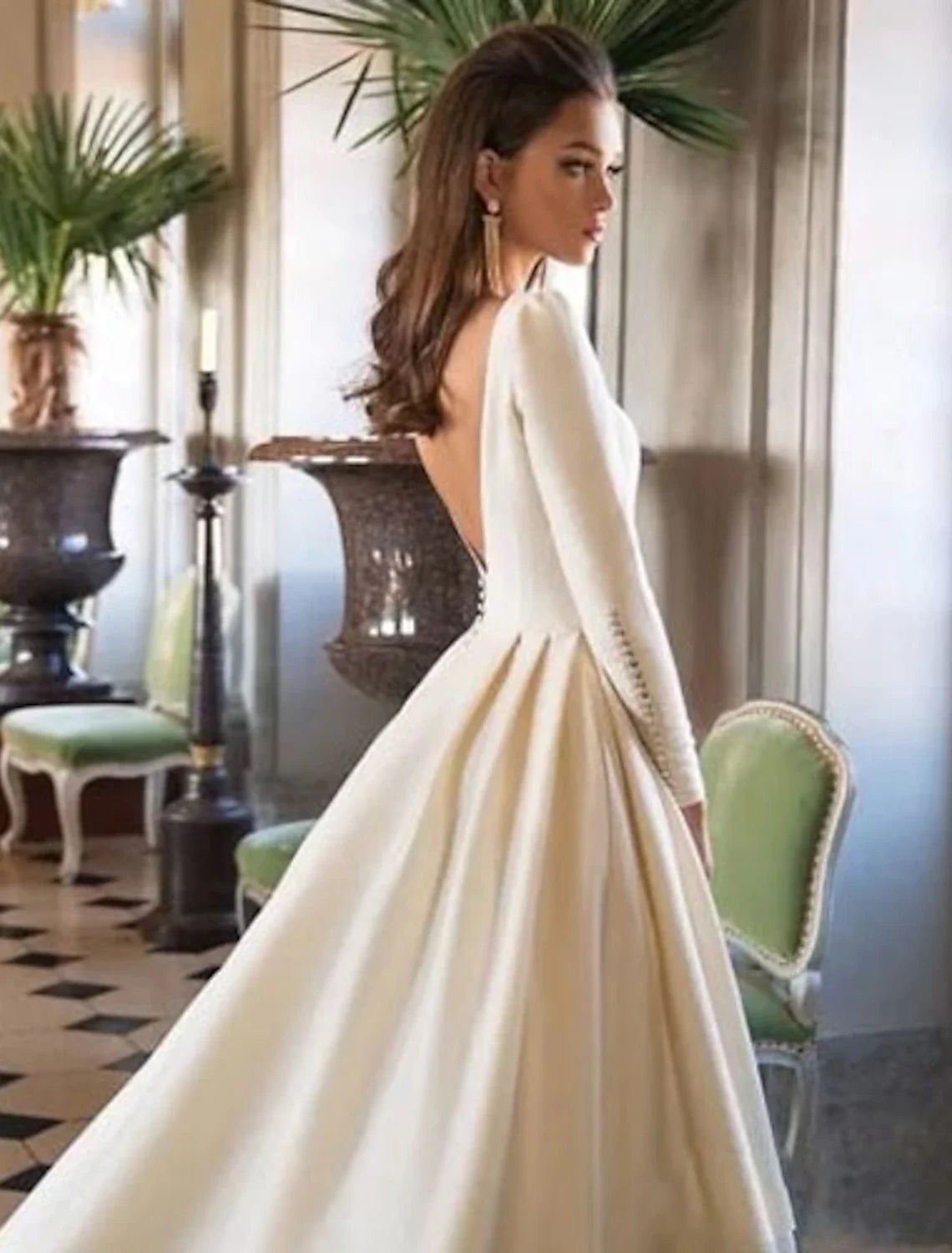 Ball Gown Satin Long Sleeve Button Back Pleated Wedding Gown - Chloe Dress