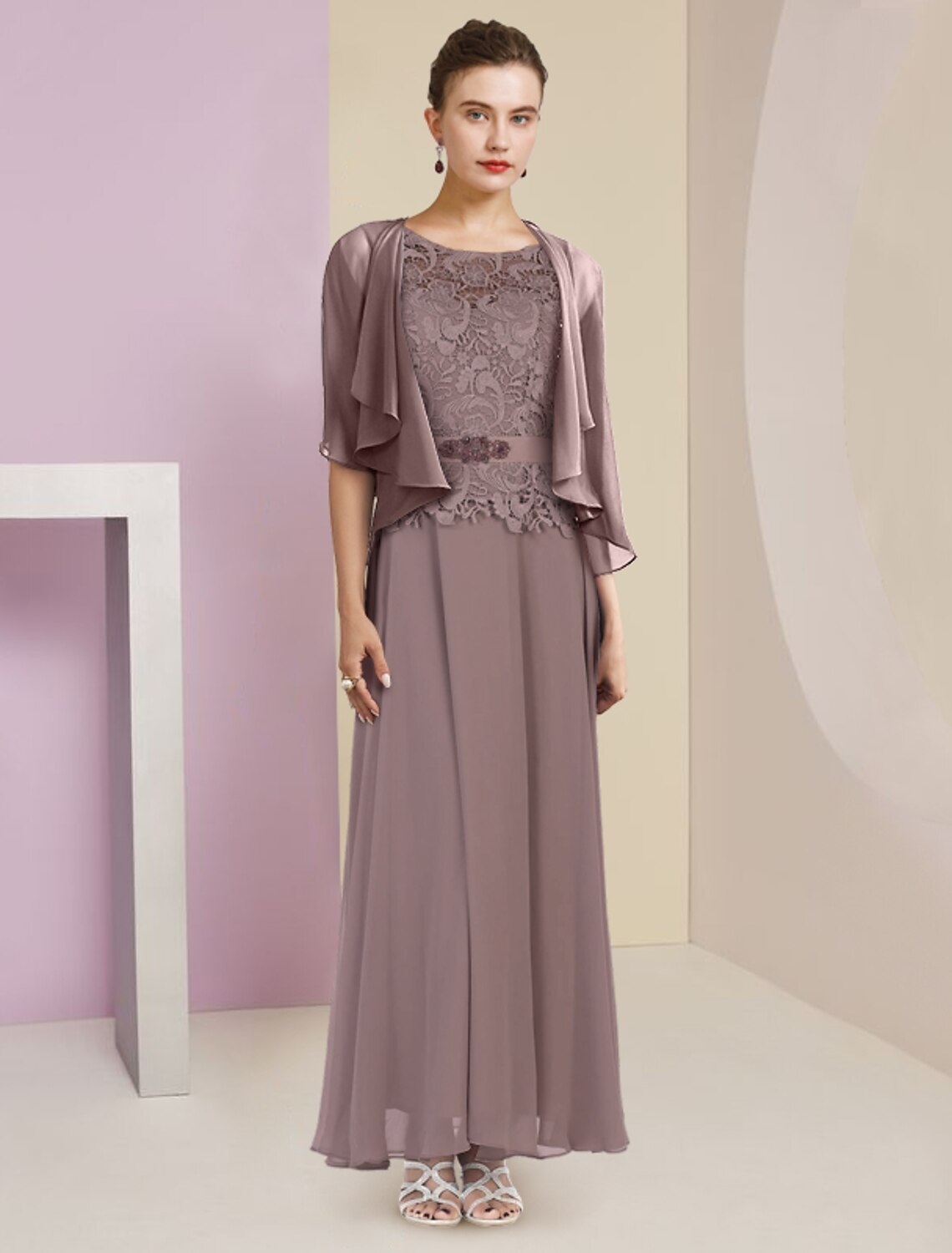 A-Line Chiffon Three-Quarter Sleeve Wrap Floor-Length Wedding Dress - Chloe Dress