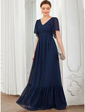 A-Line V-Neck Chiffon Short Sleeve Pleated Floor-Length Prom Dress - Chloe Dress