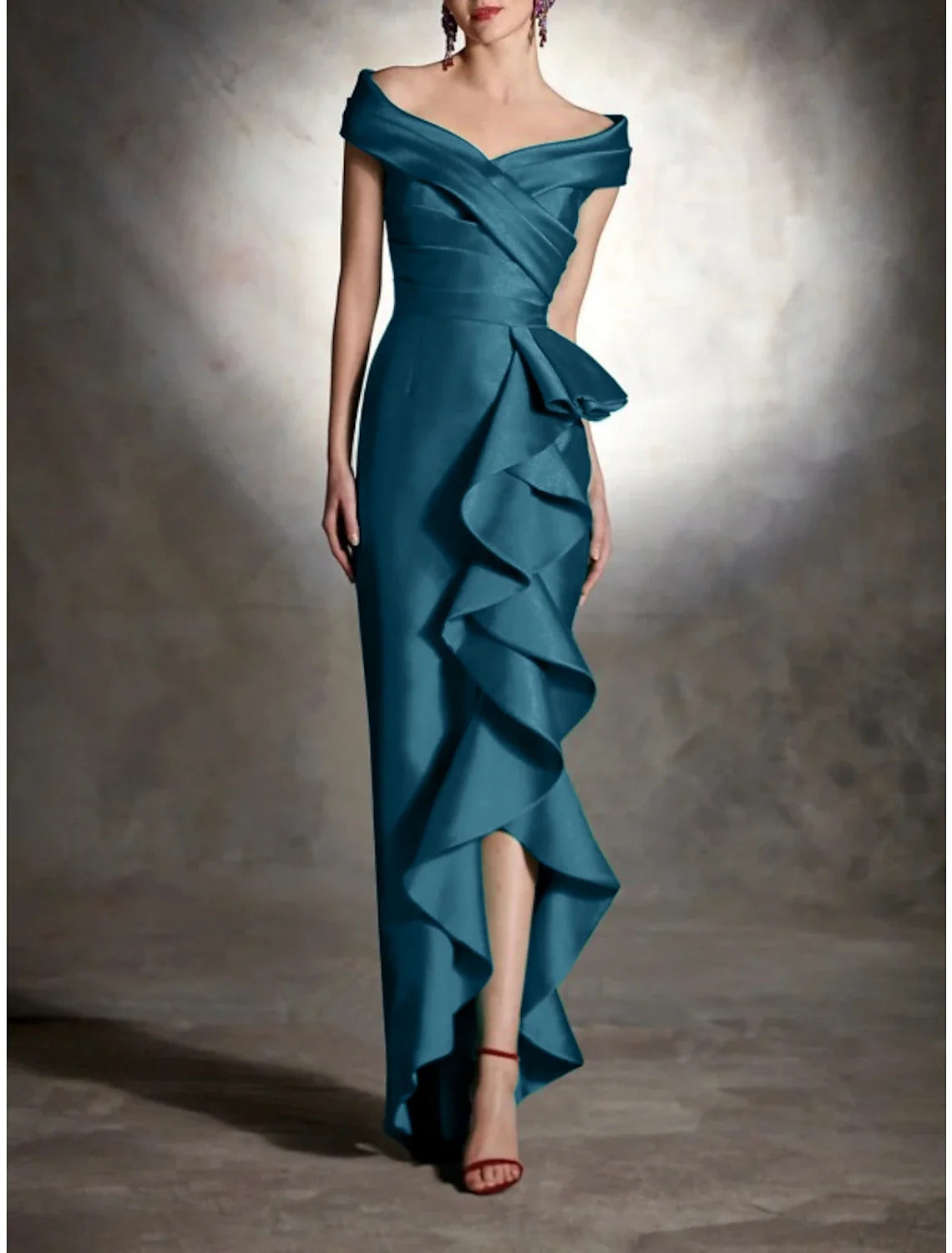 Green Sheath Off-Shoulder Satin Sleeveless Ruffled Wedding Dress - Chloe Dress
