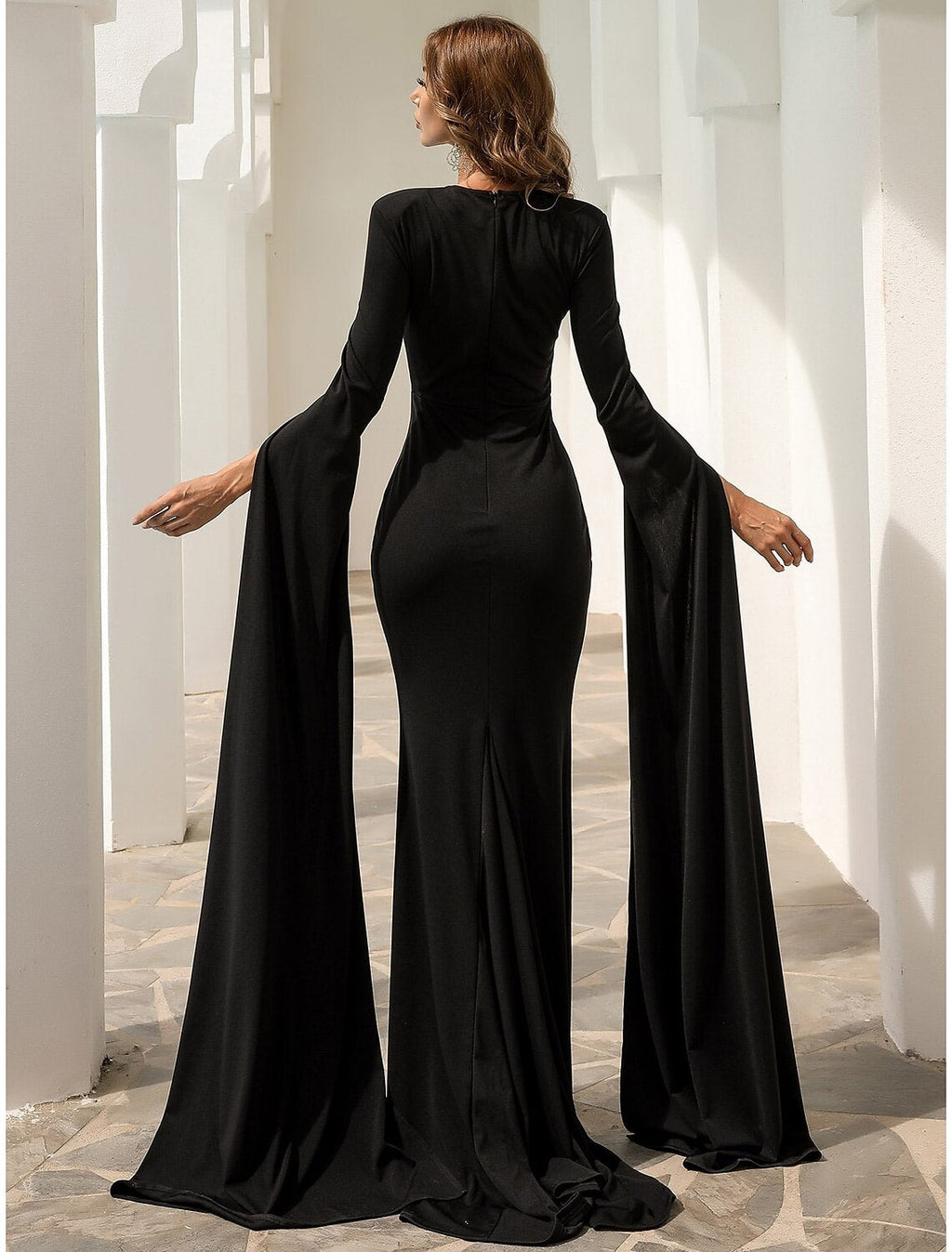 Black Mermaid Long Sleeve Pleated Evening Gown - Chloe Dress