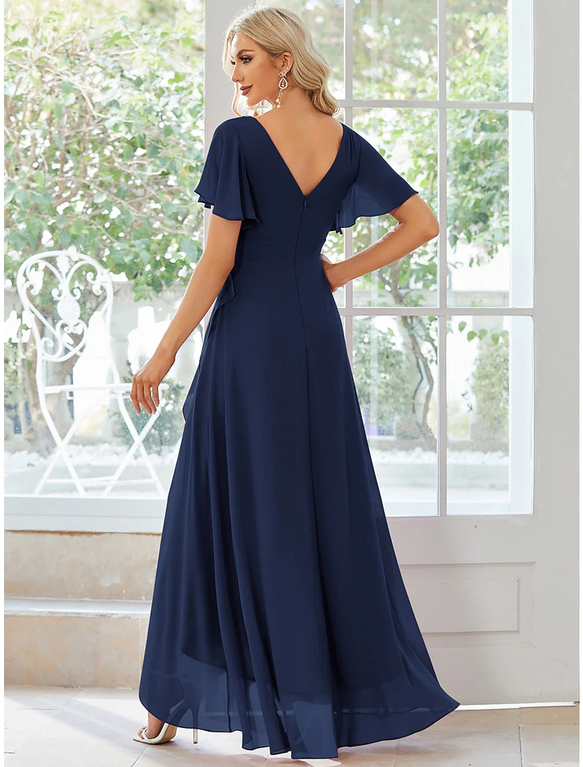 A-Line V-Neck Chiffon Short Sleeve Ruffled Mini Wedding Dress - Chloe Dress