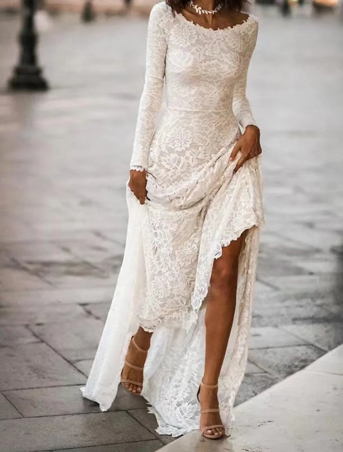 A-Line Lace Long Sleeve Open Back Train Evening Gown - Chloe Dress