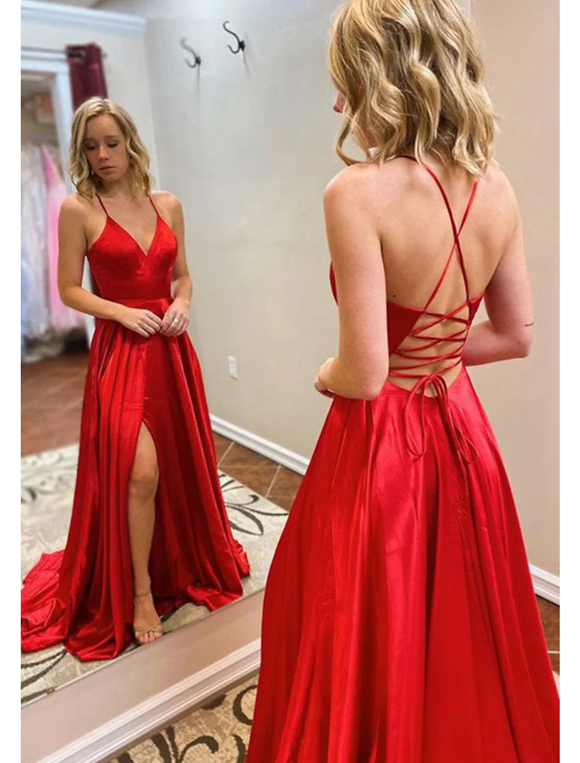 A-Line V-Neck Silk Sleeveless Backless High Slit Prom Dress - Chloe Dress
