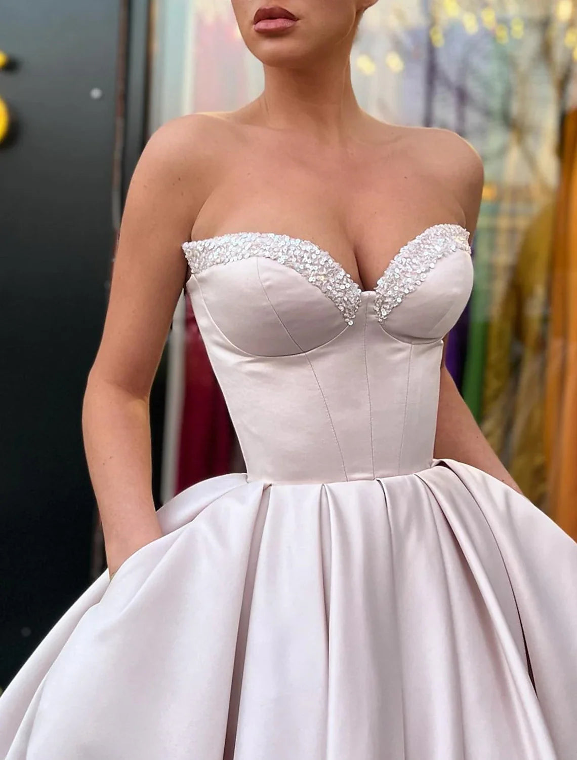 A-Line Strapless Satin Sleeveless Tea-Length Prom Dress - Chloe Dress