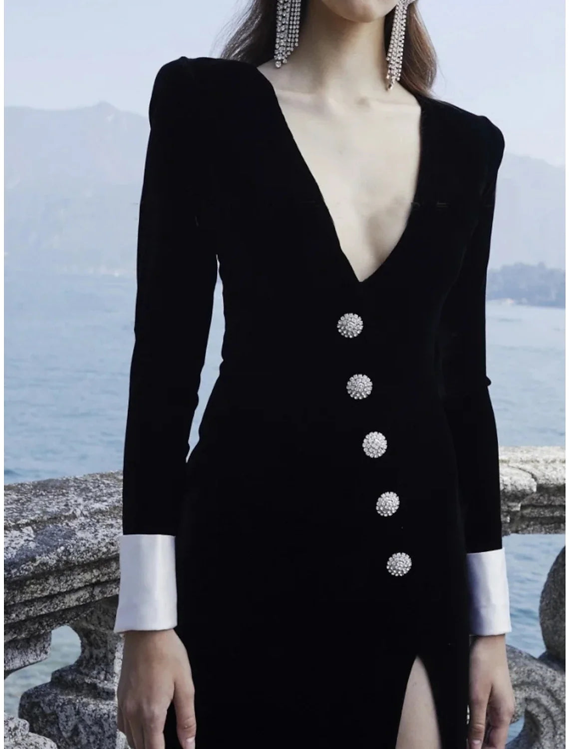 Black A-Line V-Neck Velvet Long Sleeve Button Back High Slit Floor-Length Evening Gown - Chloe Dress