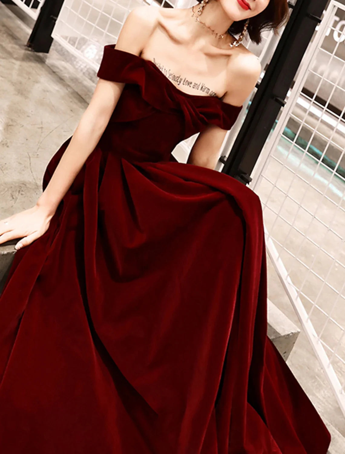 A-Line Off-Shoulder Velvet Short Sleeve Mini Evening Gown - Chloe Dress