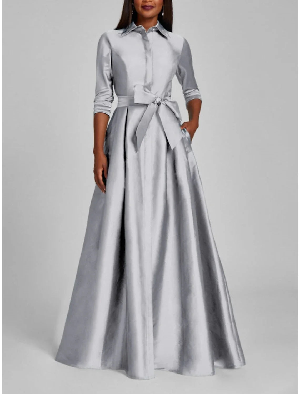 Champagne A-Line Satin Pleated Floor-Length Evening Gown - Chloe Dress