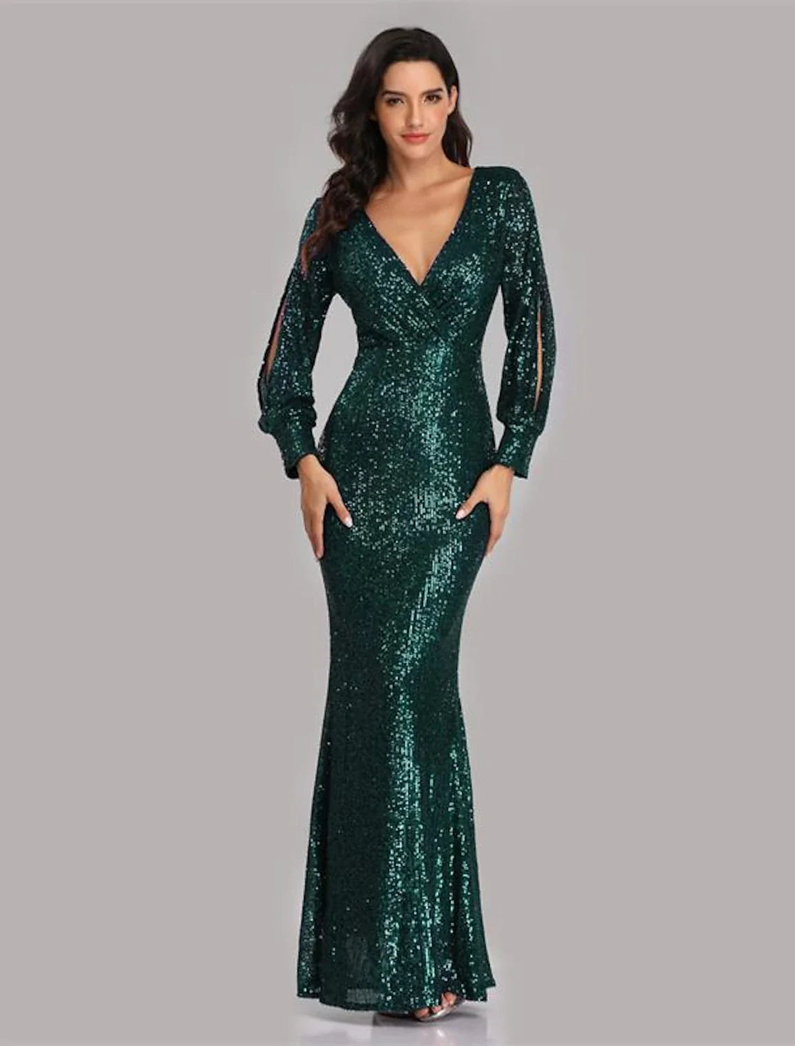 Mermaid V-Neck Sequin Long Sleeve Floor-Length Evening Gown - Chloe Dress